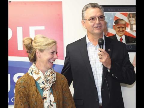 Jake Browning/Franklin Press - Karl Gillespie is joined by his wife, Janet, at Saturday’s announcement in Franklin.