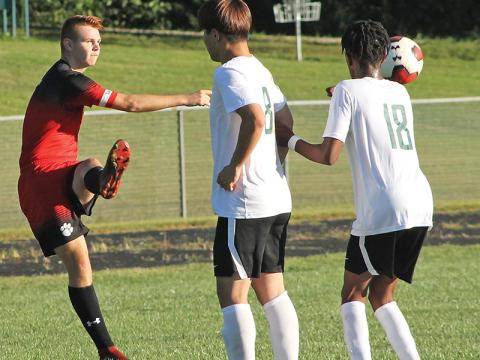 Press photo/Andy Scheidler - Jacob Kolodzik drills a kick earlier this season. He’s one of nine seniors who are eager to make a run in the state playoffs. 