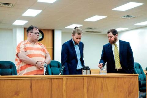 Photo submitted - Kenneth Wayne Underwood, left, defense attorney Andy Kite and assistant district attorney John Hindsman Jr. are shown in Macon County Superior Court on Monday, April 13.
