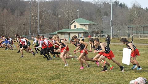 Press Photo/Will Woolever - The Franklin boys cross country team (black shirts) gets off the line at the Mountain Six Conference Championship meet in Cullowhee Jan. 6. The team qualified for its fourth straight state championship meet after fininshing second at the 2-A West Regional meet Jan. 15