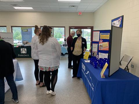 Macon Program for Progress human resources coordinator Lacy Carpenter discusses openings with a group of nursing students from Southwestern Community College.