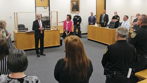 Press photo/Jake Browning North Carolina Supreme Court Chief Justice Paul Newby meets with judicial staff and other Macon County representatives during his courthouse tour on May 10.