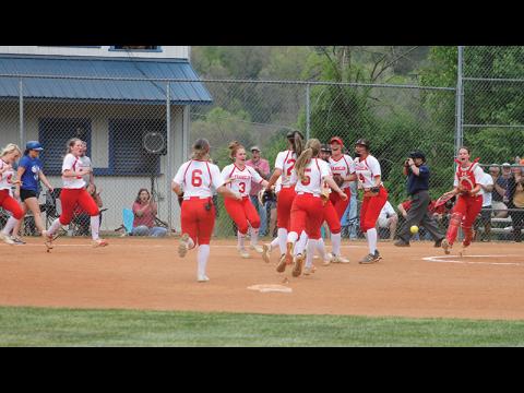 Press photo/Will Woolever - Panther players celebrate after earning the final out against Smoky Mountain April 29. The Panthers defeated the Mustangs, at the time the state’s top-ranked 2A team, to advance to the first round of the state playoffs this week.