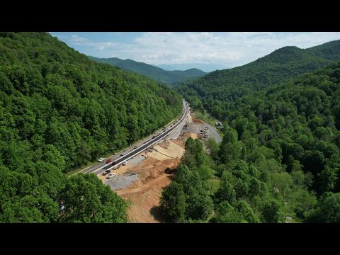 Photo/Eric Haggart - Aerial views show the extent of the road repair work on Cowee Mountain, which has traffic down to one lane in each direction.