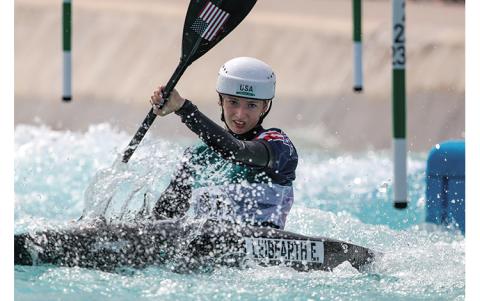Photo courtesy of ICF Photography - Bryson City native Evy Leibfarth navigates through obstacles in a recent canoe slalom event. Leibfarth competed in the first-ever Olympic women’s canoe slalom event last week at just 17 years of age.