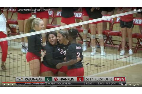 Photo courtesy of Franklin Panther Sports Network - Outside hitter Sydney Williams (#24) celebrates with fellow seniors (from left) Corey Burrell, Bethany Jenkins, and Anya Valentine after recording her first point since tearing her ACL this summer.