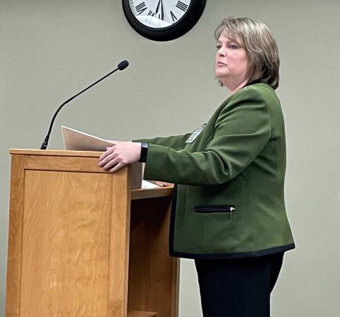 Town Manager Amie Owens presents a proposal to award town workers a one-time bonus and 40 hours in vacation time in recognition of their work during the pandemic. The bonuses will be paid from the American Rescue Plan Act funds the town received.