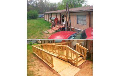 The Macon County Housing Department installed a ramp to accommodate the homeowner’s accessibility needs; the top photo shows the home’s entrance prior to the ramp’s construction. The Healthy Homes initiative will fund home repairs for low-income families. The county’s housing department, Macon Program for Progress and the Highlands Rotary Club received grants totaling $145,000 to make home improvements.