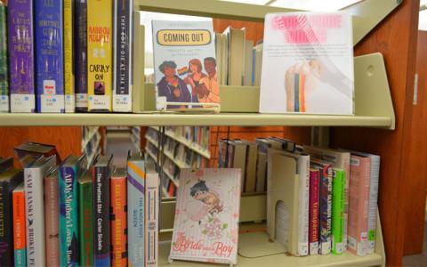 While the County Commissioners were discussing a possible increase in funding for library salaries on June 7, about 15 people were attending the library board meeting at the same time to voice opposition to a Gay Pride display at the library. The display pictured above is in the main section of the library and there is a similar one in the teen section. 
