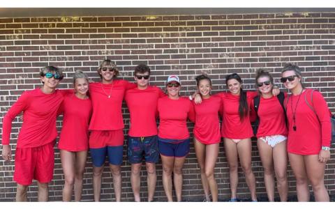 Photo submitted The Macon County Recreation Park pool workers wear the new protective sun shirts provided to them through donations received at the June 14 County Commissioners meeting.