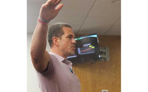 Photo/Thomas Sherrill - County Manager Derek Roland makes a point during his 2023-24 budget presentation to the Macon County Commissioners during a May 23 meeting.
