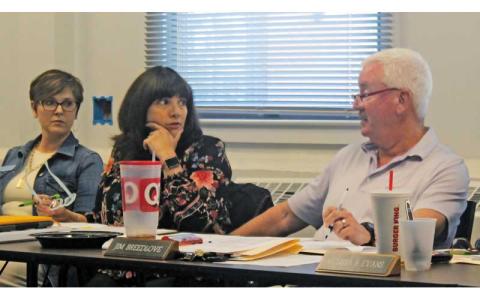 Press photo/Thomas Sherrill - School board members Stephanie Laseter, Hilary Wilkes and Chair Jim Breedlove during the May 3 budget session.