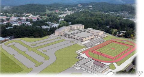 Graphic/LS3P - A computer-generated graphic showing one of the proposed plans for a new Franklin High School. 