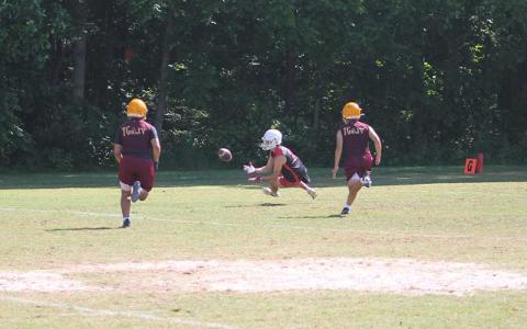 Press photo/Will Woolever - Senior wide receiver/defensive back Ashton Shope makes a tough sliding catch in 7-on-7 drills versus Cherokee June 13. 