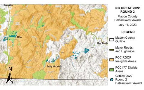 Map showing the locations of the recipients of the new GREAT grant funding for broadband expansion in Otto and Scaly Mountain.
