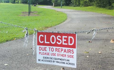 Press photo/Thomas Sherrill - Centennial Park remains closed as Macon County waits for clearance to begin work. Repairs have been delayed due to endangered species in the area.