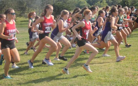 Press photo/Will Woolever Franklin’s female cross country runners leave the starting line in their first meet of the season at Rabun Gap.