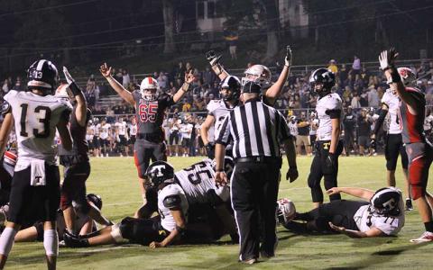 Press photo/Will Woolever - Panther players signal for a touchdown on a second-and-goal run by Gabe Nickerson in the fourth quarter of Franklin’s 31-14 win over Tuscola.