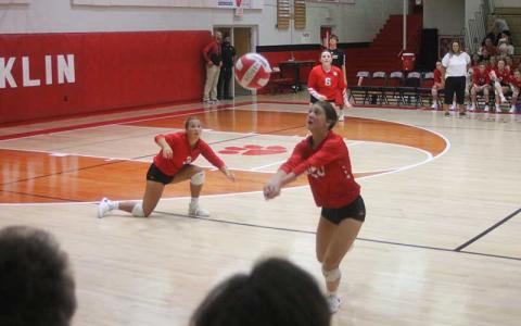 Press photo/Will Woolever - Freshman setter/opposite hitter Shelby Adams saves a ball from going out of bounds against Rabun Gap-Nacoochee School Sept. 14. 