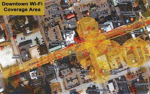 Map/Town of Franklin - A map showing the proposed broadcast area for the free Wi-Fi access that will be available downtown beginning next spring.