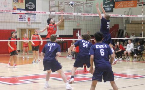 Press photo/Will Woolever. Sophomore Miguel Ortega lifts a ball over the net in Panther men’s volleyball’s first-ever home game March 19. 
