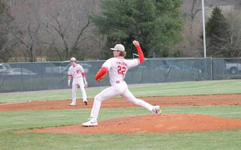 Press photo/Will Woolever - Senior Abram Apel pitches to Murphy in Franklin’s season-opening win Feb. 29. 