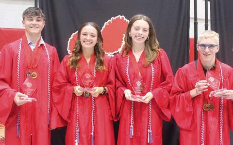 Press photo/Thomas Sherrill - From left, School Spirit Award recipients Reed Raby and Hope Smith and Citizenship Award recipients Emma Hawkins and Patrick Faetz. The awards were presented during Class Day on May 9 in the FHS gym. See more photos and the awards list on page 1B of the May 15 edition of the paper and The Franklin Press Facebook page.