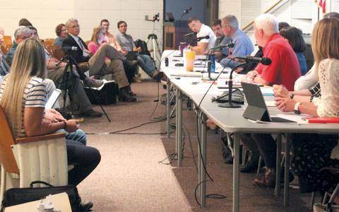 Press photo/Thomas Sherrill. The Macon County Board of Commissioners and the Board of Education held a joint meeting on May 28 to discuss school improvement projects and the budget in the coming year.
