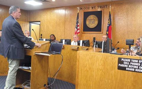 Press photo/Thomas Sherrill - Southwestern Community College President Don Tomas requested $1.5 million in increased costs, touting the economic value of the school, at the Macon County Board of Commissioners budget workshop on June 4. 