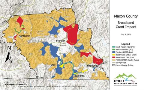 Source: Little T Broadband - A map of the broadband projects in Macon County, including the new BalsamWest CAB Grant in red, as of July 9, 2024.
