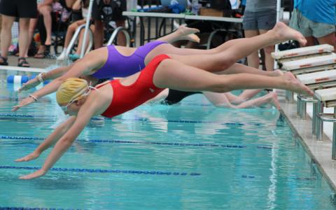 Press photo/Vickie Carpenter. FAST’s Izabelle Scruggs dives off the block for the girls 13-14 50-yard freestyle at the Mountain Swim League All-Star meet in Sylva July 20. 
