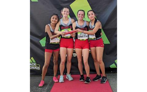 Press photo/Will Woolever - Franklin’s girls 1,600-meter relay team is pictured at the Adidias Outdoor National meet in Greensboro earlier this month. From left are Amy Mendoza Lopez, Rylee Cassada, Hope Smith and Michelle Ortega. 