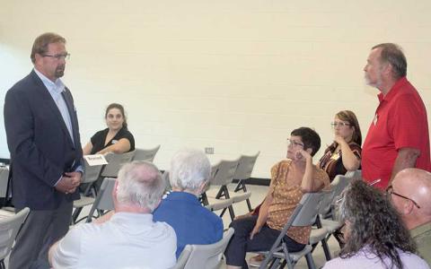 Press photo/Thomas Sherrill - U.S. Rep. Chuck Edwards speaks to a local group at the Robert Carpenter Community Building in Franklin on Thursday, Aug. 15.