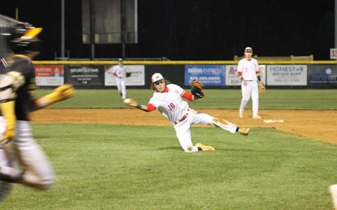 Senior first baseman Jaxon Hursey makes an off-balance throw to first versus Tuscola on McConnell Field March 12. (Press photo/Will Woolever)