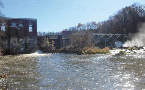 Press file photo - The Macon County Planning Board is slated to discuss the Lake Emory Dam at its Jan. 2 meeting. This follows a request made in 2024 by now-former Commissioner Paul Higdon to research the possibility of removing the dam. Higdon said removing the dam would make the Little Tennessee River more free-flowing and a great recreational asset. The 36-foot-high, 463-foot-long gravity dam is owned by Northbrook Carolina Hydro II LLC. 