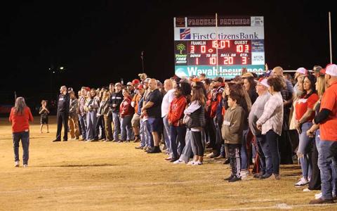 Former Panther athletes, cheerleaders, band members and their families are pictured in a halftime ceremony at the Panther Pit’s final home football game Nov. 1. (Press photo/Will Woolever)