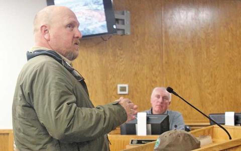 Press photo/Thomas Sherrill - Joey Cain, FHS project superintendent, gives an update to the Macon County commissioners on Feb. 11. Construction of the new Franklin High School stadium is expected to be completed by spring 2026, which will allow the Panthers to play at home that season. 