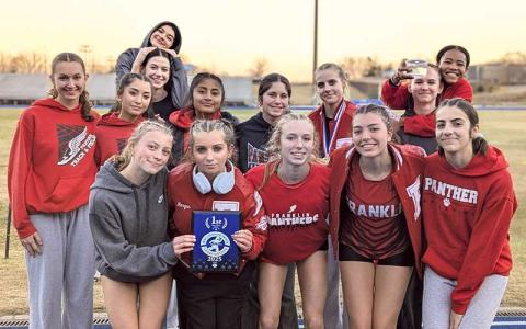 Photo submitted - Panther women’s track and field show off their regional title plaque at the WNC Championships at Polk Feb. 1. 
