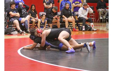 Press file photo - Senior Malaina Alberry battles a wrestler from Smoky Mountain on Tom Raby Court Jan. 15. 