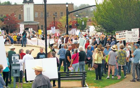 Press photo/Christian A. Ray - In conjunction with demonstrations held across the country, a “Hands Off” rally was held in downtown Franklin on Saturday, April 5, with about 300 people attending.