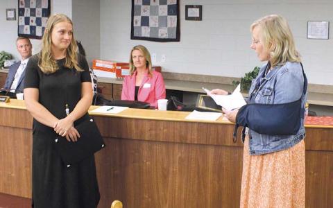 Press photo/Shelby Powell - Music Teacher Elise Parham (left) was given recognition as Teacher of the Year from Iotla Valley Elementary School Principal Michelle Bell (right) for her dedication and service to the school. Parham has managed a wide variety of performances for Iotla students that have led Bell to push for full-time music and art instruction. 