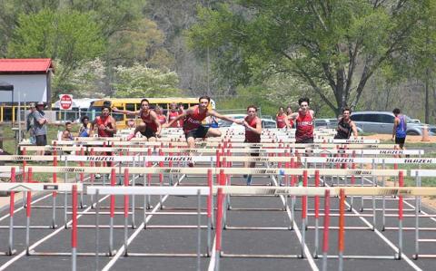 Press photo/Will Woolever - An all-Panther heat competes in the men’s 110-meter hurdles at Franklin’s first home track meet in six years April 19. From left are Dylan Monzon, Josiah Sheldon, Chad Engel, Braylen Dezarn and Jonas Phillips.