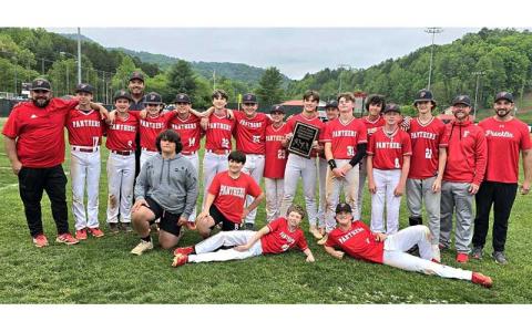 Photo courtesy of Randy Phillips - Macon Middle School baseball shows off their championship plaque after routing Rugby in the Blue Ridge Athletic Conference title game May 7. Pictured after the win on McConnell Field are eighth-graders Brayden Greenwood, Graham Cantrell, Jude Morgan, Cam English, Easton Holbrooks, Paxton Green, Max Cable and Sam Moore; and seventh-graders Grey Ward, Garrett McConnell, Corbin Chastain, Garrison Laird, Graham Bishop and Cole Bogden.
