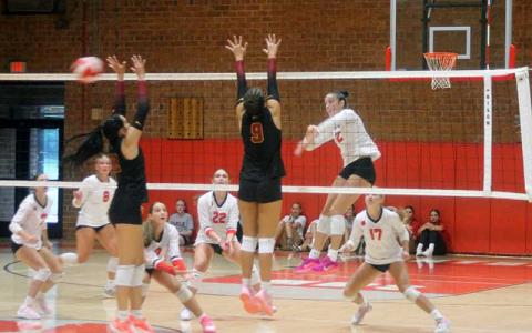 Press file photo - Junior Audrey Pressley sends a shot over the net in Franklin’s preseason scrimmage versus Cherokee Aug. 6.