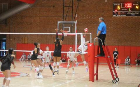 Sophomore Ella Raby keeps a ball in play during Franklin’s preseason scrimmager versus Cherokee Aug. 6. (Press file photo)