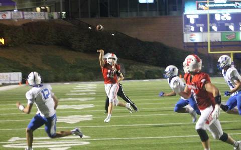 Press photo/Will Woolever - Junior quarterback Anderson Terrell throws a touchdown to Brock Bradley (right) against Brevard at WCU Sept. 18.