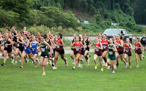 Press photo/Will Woolever - Panther women’s cross country leaves the starting line at the Cherokee Mother Town near Bryson City Sept. 13. From left are Amy Mendoza Lopez, Morgan Cress, Mindi Holbrooks, Breanna Pendergrass and Abigail Pope. 