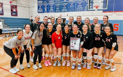 Photo submitted - Panther volleyball shows off their Mountain Eight Conference Tournament title plaque after defeating West Henderson on the Falcons’ home floor. 