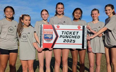 (Photo submitted) Panther women’s cross country is pictured at the 5A West Regional after qualifying for the state meet in Kernersville Nov. 1.  