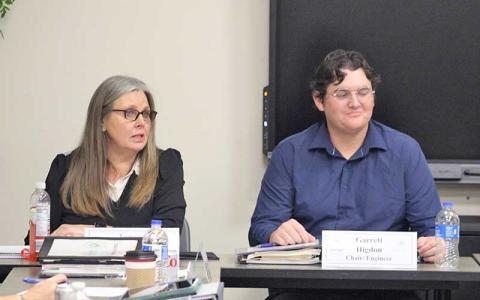 Press photo/Shelby Powell - Interim Health Director Tammy Keezer (left) speaks about the breakdown of a pair of washers and a dryer at the animal shelter as chair Garrett Higdon listens at the Nov. 18 health board meeting. 